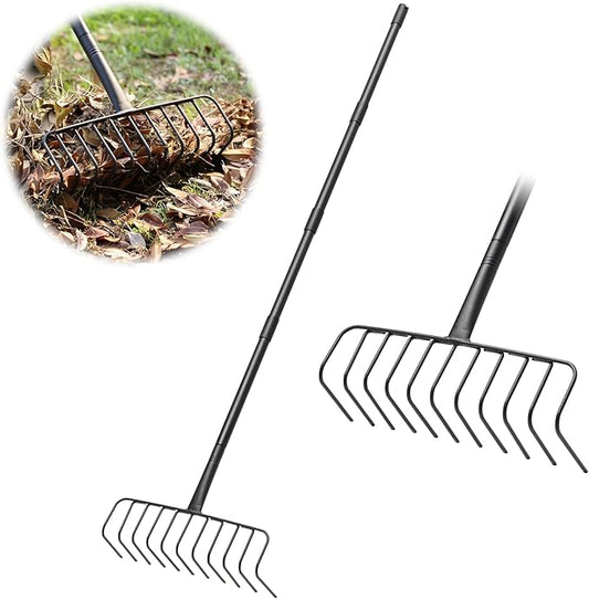 Bow Rake for Leaves, Heavy Duty Garden Rake with 11 Stainless Steel Tines Long Handle 68" Garden Tool for Loosening Soil, Cleaning the Leaves, Removing Thatch, Laying Sod