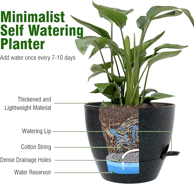 WSMKSZ 12/10/9 inch Large Self Watering Pots, Planter, Plant Pots with Mesh Drainage Holes for Indoor Outdoor Garden Plants, Plastic Flower Pots with Deep Reservoir, Black with Green Speckles