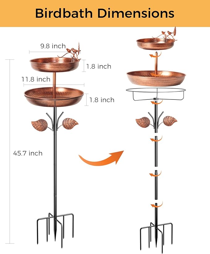 Metal Bird Bath for Outside, 46In Tall Birdbath Feeder Bowl with Stake for Outdoors, Detachable Double Bird Bath Feeder Bowls for Garden Patio Yard Lawn Decor, Upgraded 6-Pronged Base