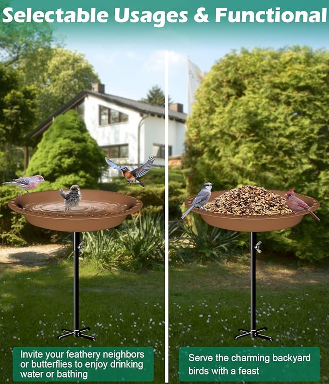 29 Inch Height Oval Shape Bird Bath for Outdoors, Detachable 5-Prong Birdbath Bowl Spa & Birdfeeder with Metal Stake Stand for Outside Garden, Brown