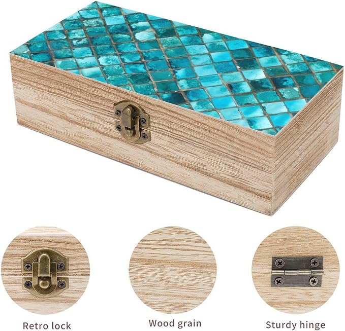 Turquoise Blue Pattern Small Wooden Storage Box, Elegant Retro Style, Practical Storage & Home Decoration Dual Use