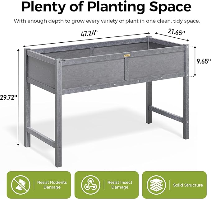 TT Nature HDPE Raised Garden Bed with Legs, 47x22x30 inch Outdoor Elevated Planter Box for Vegetables, Herbs & Flowers, Weather-Resistant Raised Garden Beds for Patio, Balcony & Backyard Gardening