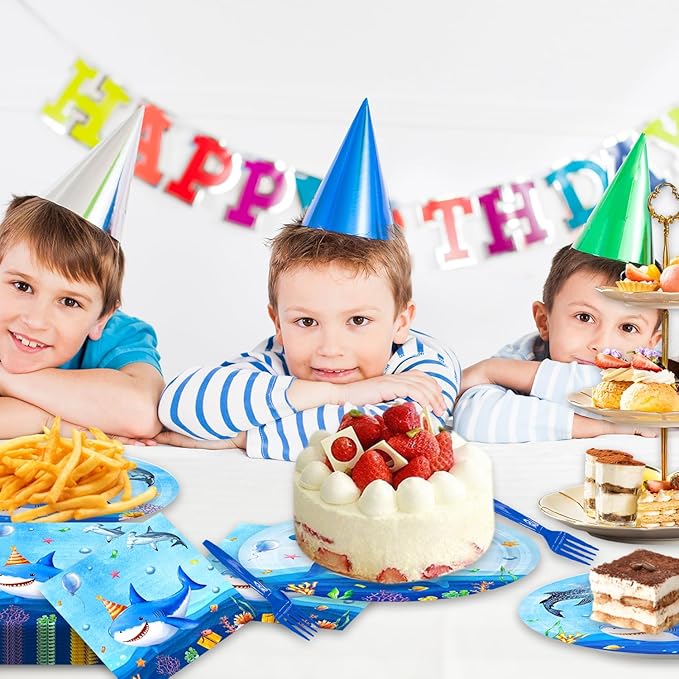 48Pcs Shark Birthday Decorations Plates Napkins and Forks,Shark Birthday Party Under The Sea Party Decorations Baby Shower Set for 16 Guests