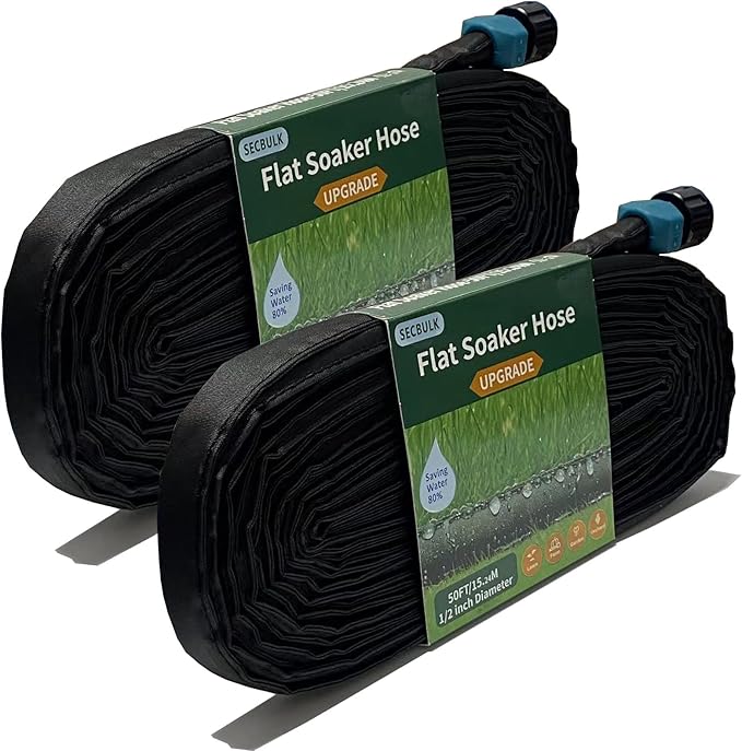 Secbulk 2025 Flat Soaker Hose 100 ft for Garden, 100' (50ft x 2) Linkable Drip Hose Diy Garden Irrigation System Saving 80% Water, Dual-layer Leak-free Design Water Hose with Holes