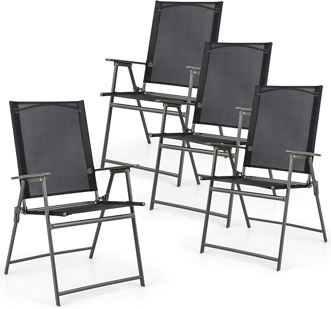 Tangkula Set of 4 Patio Folding Chairs, High Back Dining Chairs with Weather-Resistant Fabric, No Assembly, Outdoor Portable Metal Lawn Chairs with Armrests & Footrest for Garden