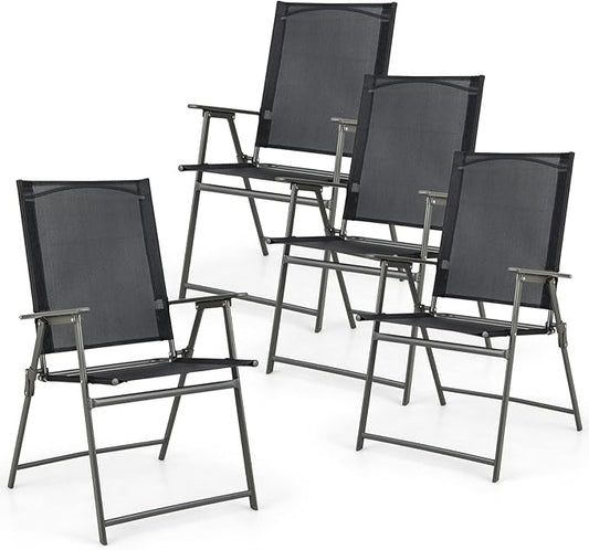 Tangkula Set of 4 Patio Folding Chairs, High Back Dining Chairs with Weather-Resistant Fabric, No Assembly, Outdoor Portable Metal Lawn Chairs with Armrests & Footrest for Garden