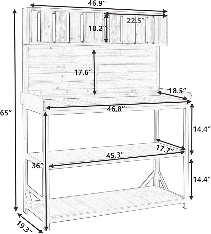 RUNNA 65" Large Wooden Farmhouse Rustic Outdoor Potting Bench Table, Patio Workstation, Garden Potting Bench with 4 Storage Shelves and Side Hook (Natural#023)