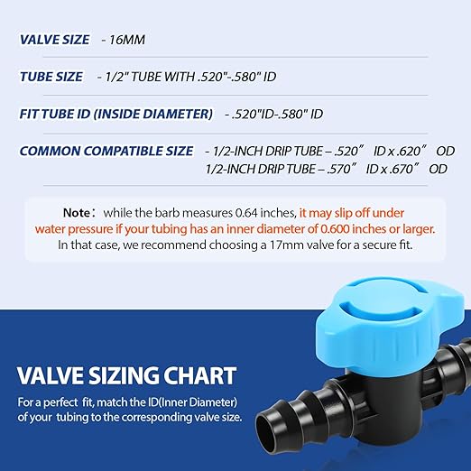 RedChili 10 Pack 1/2 Inch Irrigation Shut Off Valves, Drip Irrigation Barbed Shutoff Valve for 1/2 Inch Drip Irrigation Tubing 16mm Shut-Off/On Valve Regulate Water Flow, Male x Male