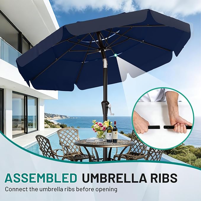 AreShark 10FT 3-Tiers Patio Umbrella with Valance, Outdoor Umbrellas with Crank/Tilt, Table Market Umbrella Vented w/ 8 Sturdy Ribs for Garden, Deck, Backyard, and Pool, Navy