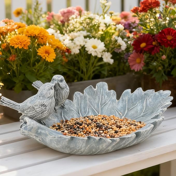 Bird Bath Bowl Outdoor Resin Stone Small Bird Bath and Bird Water Feeder for Outside with Cute Statue Patio Deck Balcony Ground Garden Decorations Birdfeeder Backyard Porch Decor