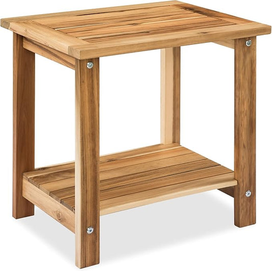 VICTORY RELAX Solid Acacia Wood Side Table with 2-Tier Storage, Weather-Resistant Outdoor Indoor End Table, Light Natural Rustic Color Night Stand