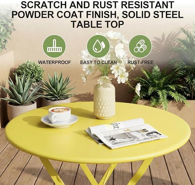 Garvee 3-Piece Folding Bistro Set Outdoor Patio Furniture, Space-Saving Foldable Chairs & Table with Heavy-Duty Powder-Coated Steel Frame, No Assembly Required, for Garden, Balcony, Backyard, Yellow