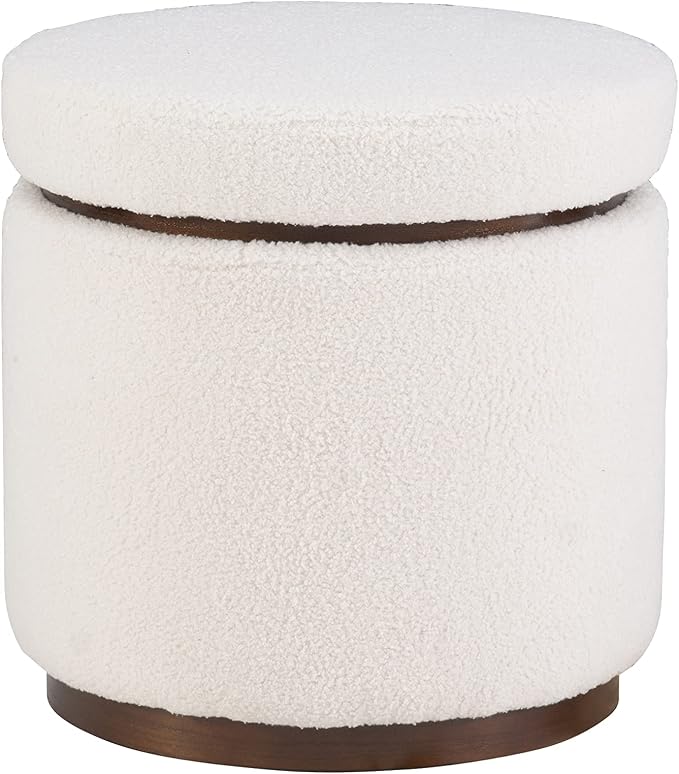 Linon Lexington Natural Sherpa Round Storage Ottoman with Wood Accent