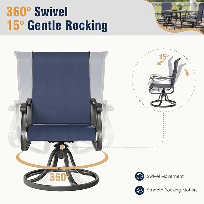 Amopatio Patio Swivel Chairs Set of 2, Outdoor Swivel Rocker Dining Chairs with All Weather Textilene High Back & Metal Frame, for Backyard Deck Lawn Garden, Navy Blue
