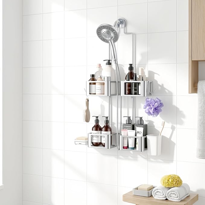 Shower Caddy Haging for Handheld Showerhead, Over Head Shower Caddy,Silver | Rustproof,Soap Dish,Hooks,Toothbrush Holder, Anti-Swing Adhesive Strip &Suction Cup, Holds Razor,Sponge,Soap,Toothbrush