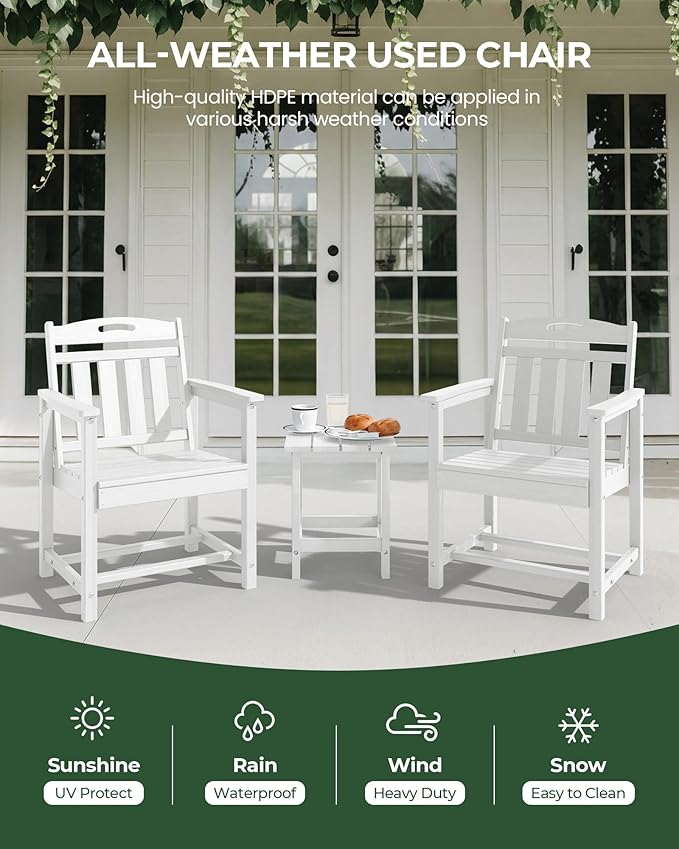 Patio Chairs, HDPE Outdoor Dining Chairs with Wide Seat, All Weather Oversized Porch Chair for Garden, Backyard, Deck - White