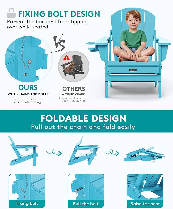SERWALL Foldable Adirondack Chair Set of 4, Weather Resistant HIPS Patio Chairs with Cup Holder for Patio Garden Outdoors- Aruba Blue