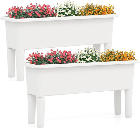 Giantex Raised Garden Beds Outdoor Set of 2, Self-Watering Planter Box with Detachable Legs & Drainage Hole, Outdoor Raised Container for Vegetable Fruit Herbs, 31.5”Lx12”Wx16”H, Easy Assembly (White)