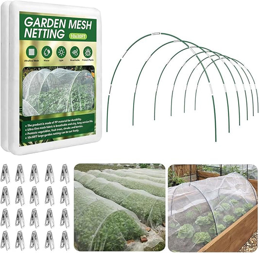 Garden Netting Kit for Raised Beds, 10x30FT Ultra Fine Mesh Netting＆ 6 Sets of 8FT Fiberglass Garden Hoops, Row Cover Insect Netting for Vegetable Plant Fruit Flowers Protection