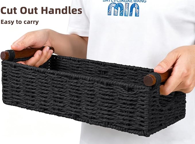 CubesLand Small Wicker Toilet Basket Tray Organizer W/Cut Out Handle | Handwoven Slim Decorative Basket for Countertop, Shelves And for Rustic Home Decor, Living Room, Nursery Organization, Black