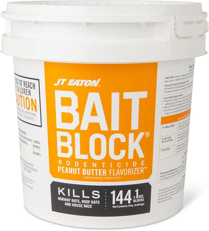 JT Eaton Bait Block Peanut Butter Flavor Rodenticide – 9 lb. Pail – Effective Rodent Control Bait Blocks – Long-Lasting and Easy to Use | 1 oz Anticoagulant Bait Blocks; Peanut Butter Flavor; For Use in Tamper-Resistant Bait Stations; 9 lb Pail