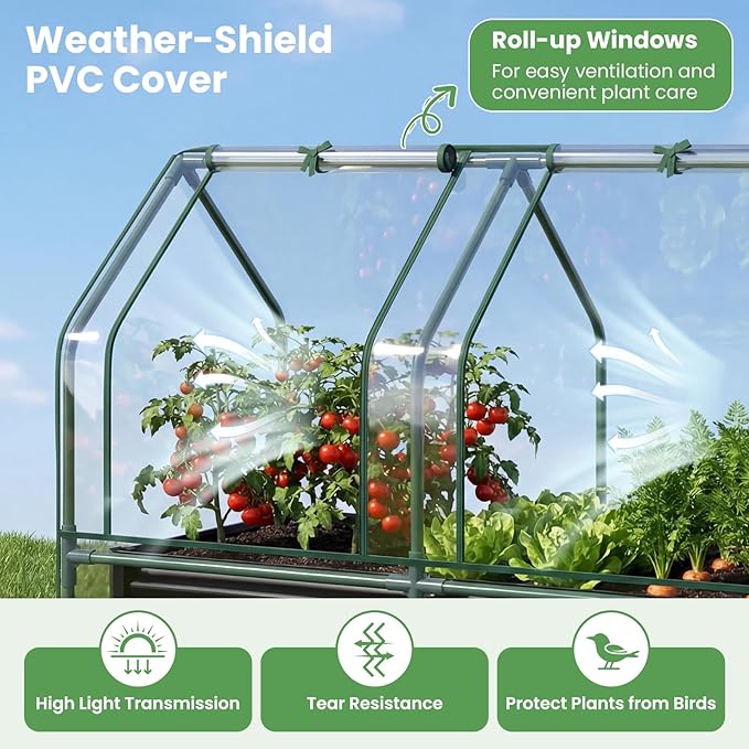 HAPPYGRILL 4 x 2 x 3 FT Galvanized Raised Garden Bed with Cover, Metal Elevated Planter Box with Dual Roll-up Windows for Vegetables Herbs Flowers, Mini Greenhouse for Outdoor Patio Balcony (Black)