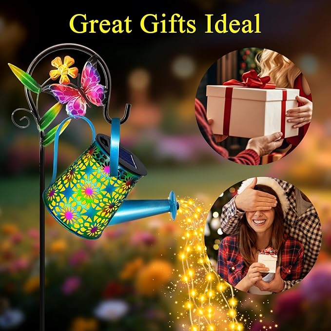 2 Pack Solar Lights Outdoor Decorative, Blue Metal Solar Watering Can Lights Waterproof, Gifts for Women Mom Grandma Mother's Day, Hanging Lanterns Decoration Garden Decor for Outside Yard Patio Lawn