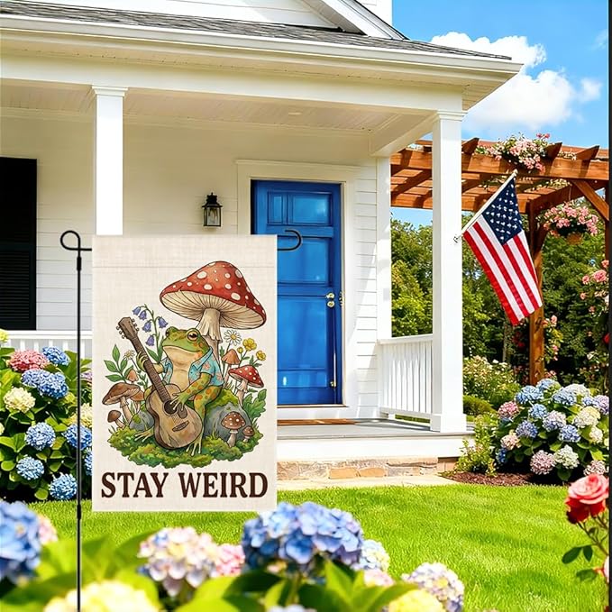 RZHV Stay Weird Double-Sided Garden Flag for Outdoor House Yard Sign Garden Decor Parade, Cute Frog Mushrooms Vertical House Lawn Yard Sign, Housewarming Banner Gifts for Frog Lover Friends Neighbors