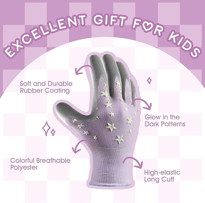 COOLJOB Glow in The Dark Kids Gardening Gloves for Age 6-8, 2 Pairs Children Reflective Yard Work Rubber Coated Gloves, Light Blue with Cloud & Moon, Purple with Stars, Medium