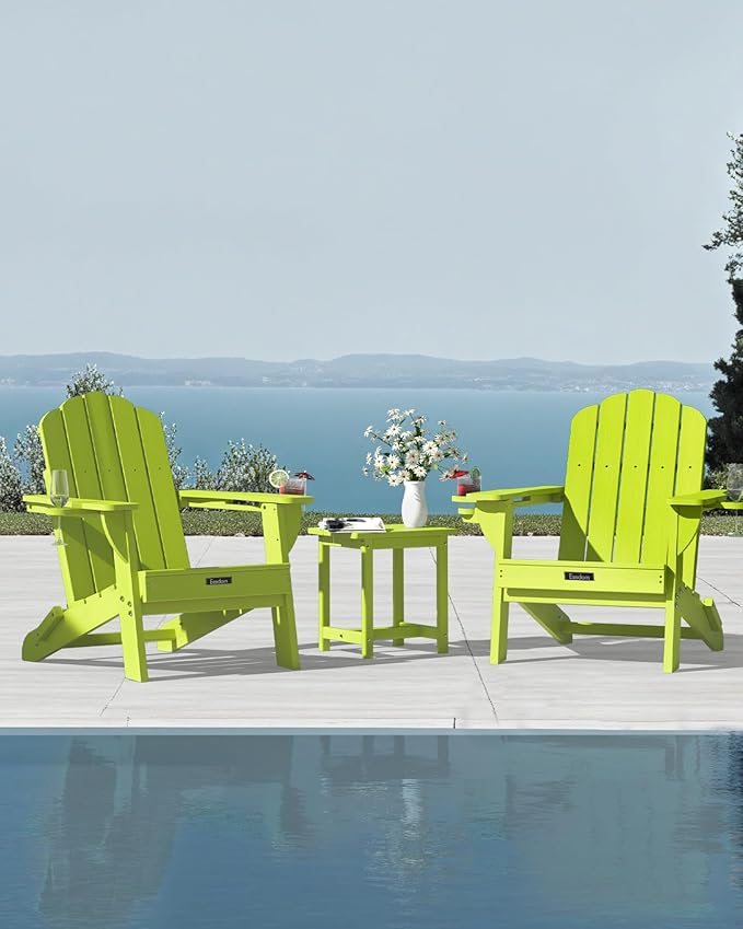 AEesdom Adirondack Chairs Set of 2, HDPE Material Fire Pit Chairs, Plastic Adirondack Chairs with 2 Cup Holder, Outdoor Lawn Chair for Patio Garden, LemonGreen