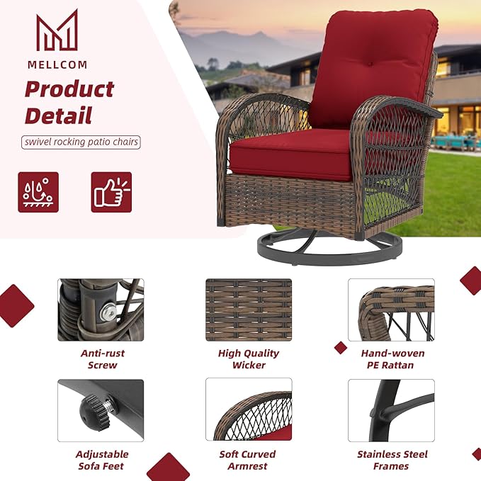 MELLCOM 3 Pieces Patio Furniture Set, Outdoor Swivel Rocker Patio Chairs, Wicker Patio Bistro Set with Rocking Chair, Thickened Cushions and Glass Coffee Table for Backyard, Garden, Wine Red