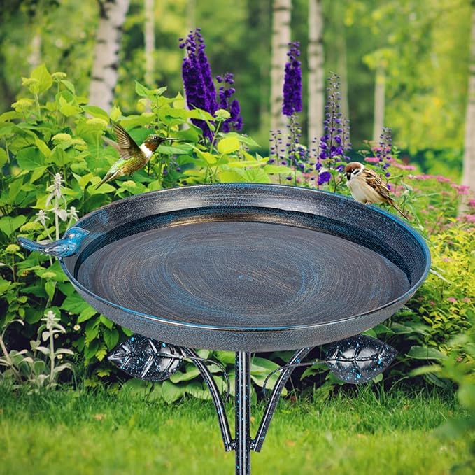 DREAMSOUL Outdoor Garden Bird Bath Metal Bird Baths Cast Iron Birdbath with Metal Stake Tall Bird Bath for Yard Garden Decor