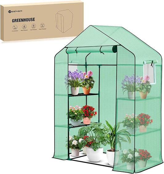 Yesker Greenhouse 57"x29"x77" Walk in Green House - Large Outdoor/Indoor Greenhouses with 4 Shelves Waterproof PE Cover & Windows, Portable Greenhouse Kit for Winter Backyard Gardening Patio, Green