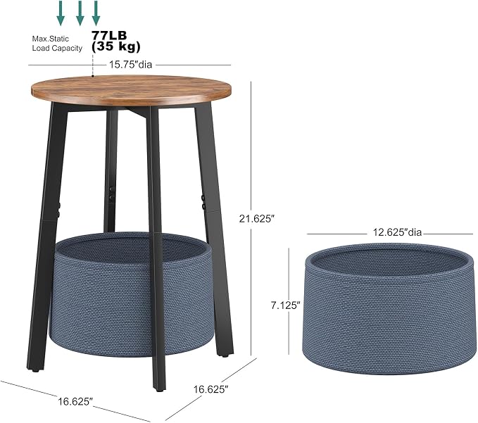 sthmec Small Round Side End Table with Storage Basket, Round Bedside Sofa Couch Coffee Tables for Small Places with Metal Frame, Modern Nighstands for Living Room Bedroom, Rustic Brown