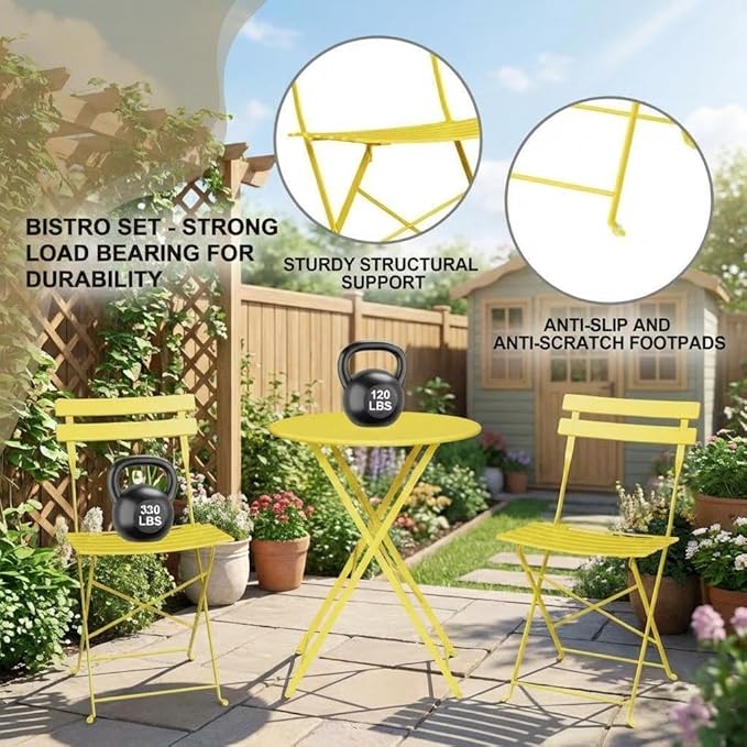 Garvee 3-Piece Folding Bistro Set Outdoor Patio Furniture, Space-Saving Foldable Chairs & Table with Heavy-Duty Powder-Coated Steel Frame, No Assembly Required, for Garden, Balcony, Backyard, Yellow