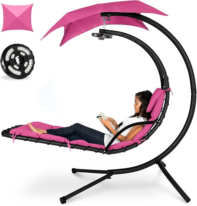 Best Choice Products Hanging LED-Lit Curved Chaise Lounge Chair Swing for Backyard, Patio, Lawn w/ 3 Light Settings, Weather-Resistant Pillow, Removable Canopy Shade, Steel Stand - Pink