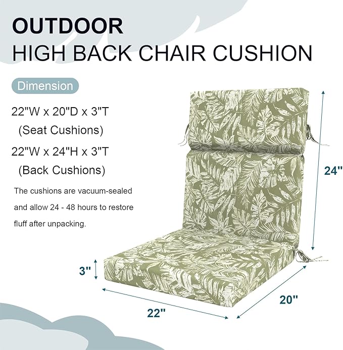 DYTXIII Outdoor High Back Chair Cushions Set of 2, 44"x22" Water Repellent Patio Seat Cushions with Elastic Sponge, All Weather Chair Pads for Rocking, Dining Chairs, Patio Furniture - Tropical Green