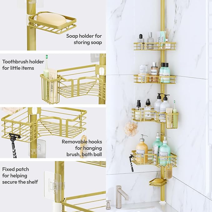 SWTYMIKI Shower Caddy Tension Pole - 4-Tier Corner Shower Organizer Tension Rod with Soap Holder, Toothbrush Holder & 4 Hooks, Adjustable Stainless Steel Shower Shelves 27.6 to 108.3 inch, Gold