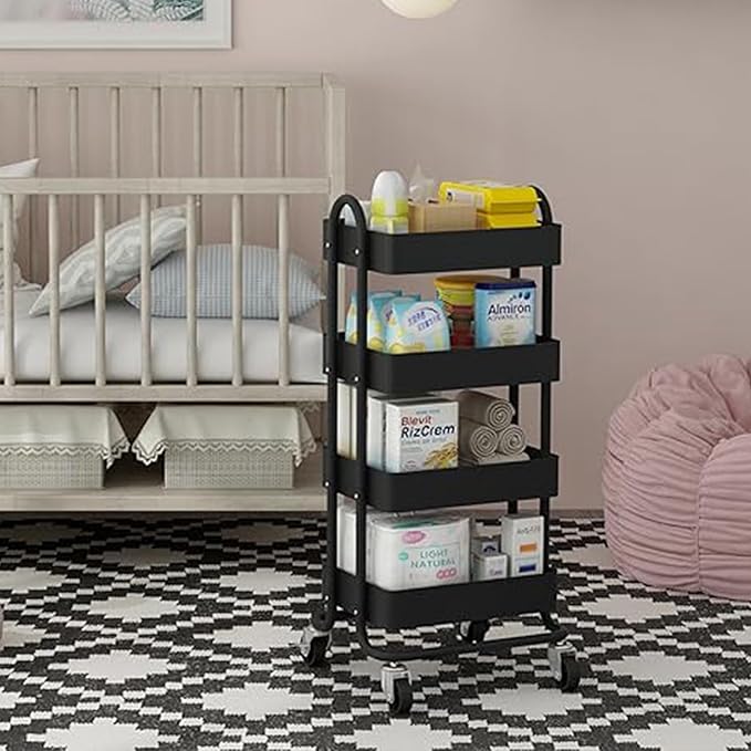 4-Tier Metal Rolling Cart with Wheels,4 Tier Utility Cart with Wheels for Office,Home,Kitchen,Garden（13.4"x18.1"x40"） Black