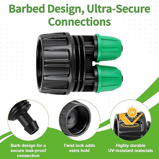 RedChili 8 Pcs 3/4" Garden Hose Adapter to 1/4" Drip Irrigation Tubing Fittings, 3/4 Inch FHT to 1/4 Inch 2 Way Drip Tube Barbed Locked Nut Connectors Female Faucet to 1/4" Water Line Adapters