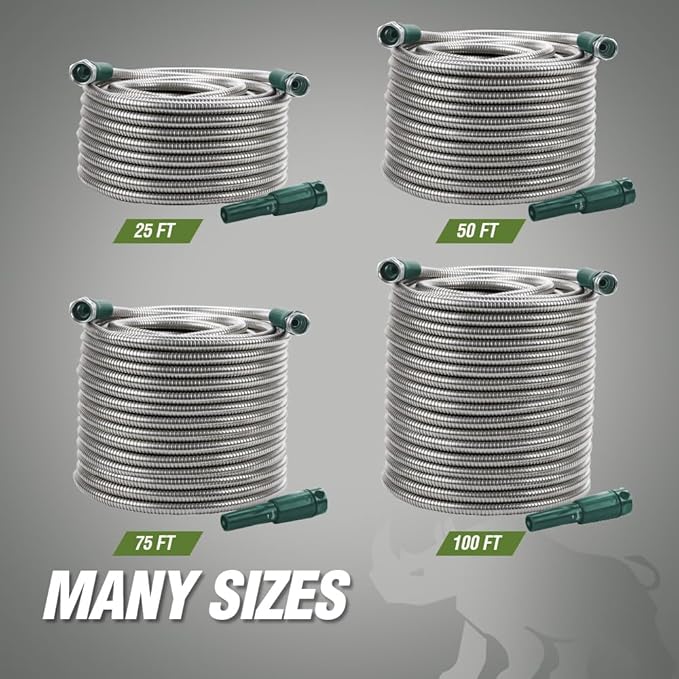 RUGGED RHINO Metal Garden Hose with Spray Nozzle, 100FT, 304 Stainless Steel, 750 PSI Burst Strength, Heavy Duty Flexible Water Hose, Kink Resistant, Leakproof for Yard, Lawn and Outdoor Use, Green