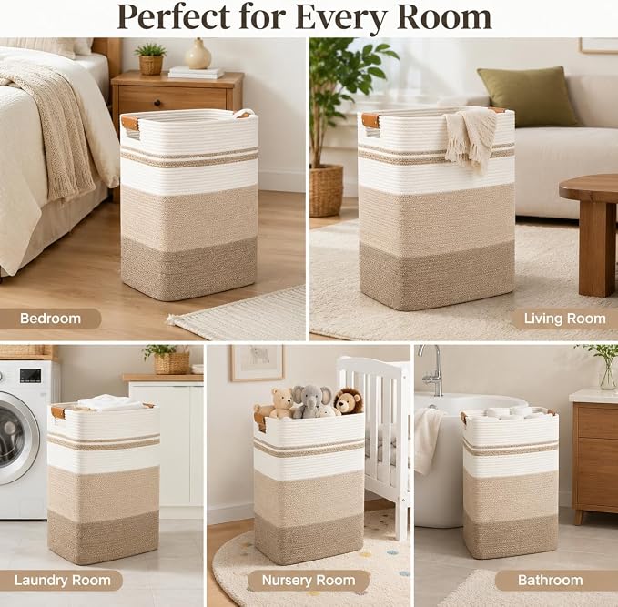 Laundry Hamper, Cotton Rope Laundry Basket with Leather Handles, 22.5-Gallon/85 L Large Clothes Hampers for Laundry, Woven Laundry Baskets for Blankets, Clothing, Bedroom, Living Room, Nursery