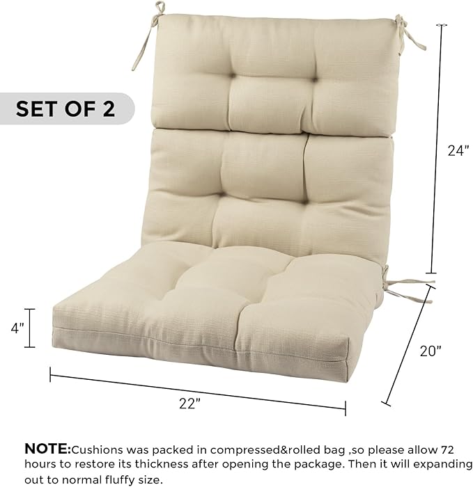 FUNHOME Outdoor High Back Chair Cushions Set of 2,Reversible Lawn Chair Cushion 44 x22 inch,Water Resistant Tufted Adirondack Chair Cushion,for Garden Rocking Chair,Patio Furniture(Antique Beige)