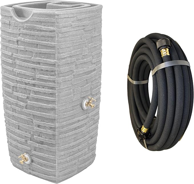 Good Ideas Impressions Riverwalk 50 Gal Plastic Rain Barrel Light Granite Bundled with 50’ Soaker Hose, Gradual Water Release, for 3/4" Spigots, Black