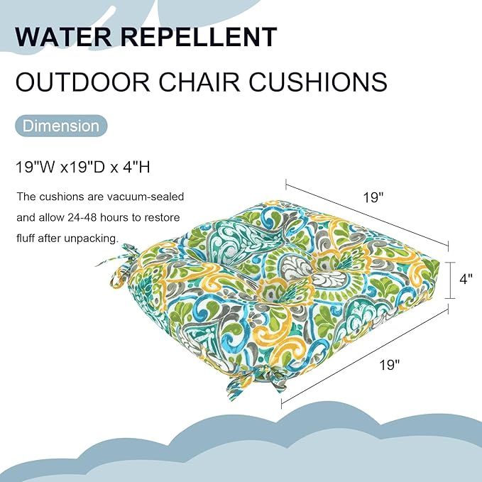 DYTXIII Set of 2 Outdoor Chair Cushions 19"x19"x4", Water Repellent Tufted Patio Seat Cushions with Ties, Thick Replacement Pads for Wicker Dining Chairs, Patio Furniture, Damask Green