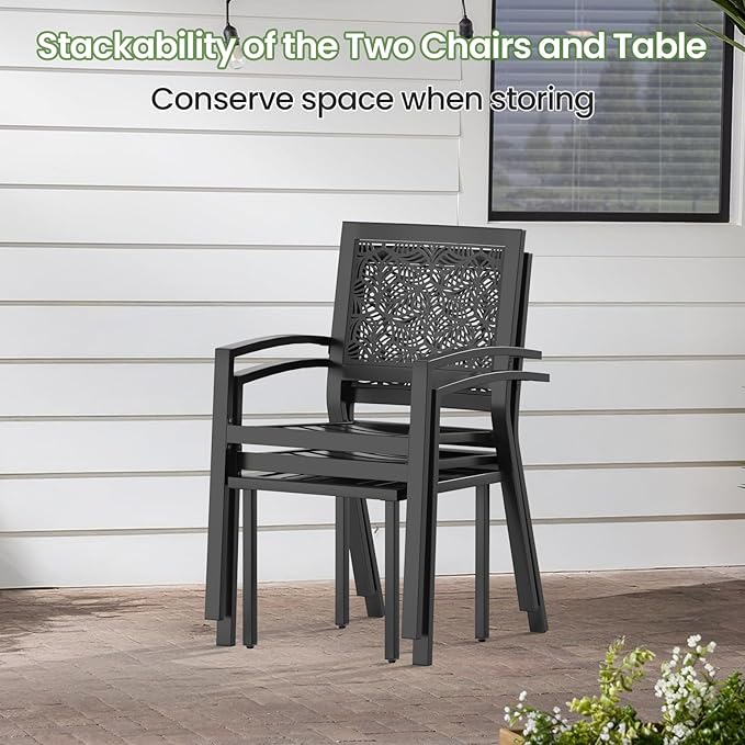 BUPPLEE 3 Piece Patio Bistro Set, Outdoor Steel Furniture Set, Stackable Modern Conversation Sets for Balcony Garden Deck Patio w/2 Chairs 1 Table, Black