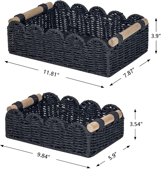 CubesLand Scalloped Toilet Paper Storage Basket for Over Toilet Shelves | Decorative Wicker Organizer Basket Perfect for Home Countertop Storage, Small Basket, Living Room Shelf Decor, Set 2 Black