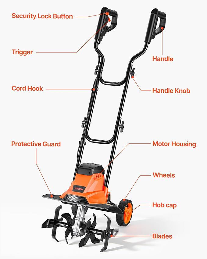 VEVOR Corded Electric Tiller, 14 Inch Tilling Width Garden Rototiller, 10-Amp Motor Heavy-Duty Tilling Machine, Cultivator with Steel Tines and Foldable Handle, for Lawn, Yard, and Gardening Care