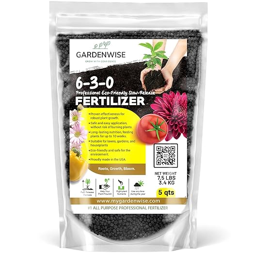 GARDENWISE 6-3-0 All-Purpose Professional Eco-Friendly Slow-Release Nitrogen Fertilizer with Iron & Calcium,Non-Burning, Enhances Soil Structure,for Indoor&Outdoor Plants,Vegetable Gardens (5 QUARTS)