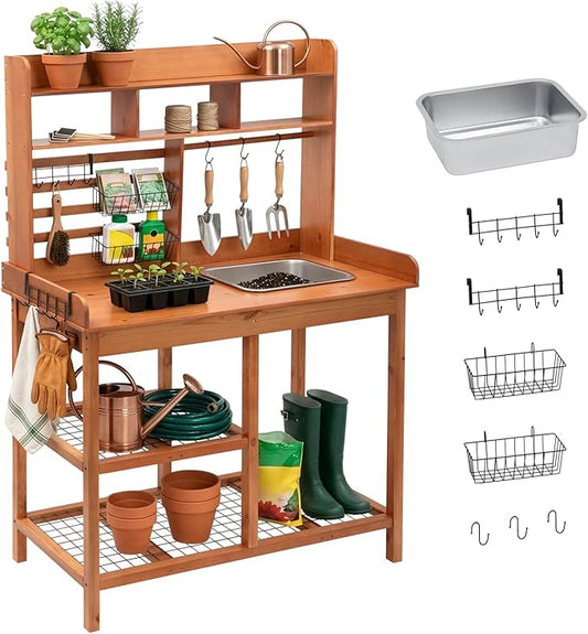 OOOK Potting Bench, Nordic Scots Pine Potting Table with Sliding Tabletop, Removable Sink, Workstation for Outside Patio Lawn, Wooden Garden Work Station